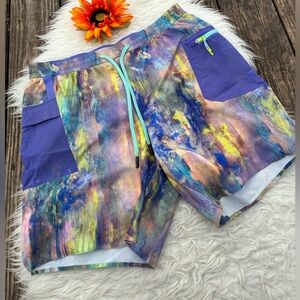 Abstract Multicolor Athletic  cargo Shorts with Purple Pockets